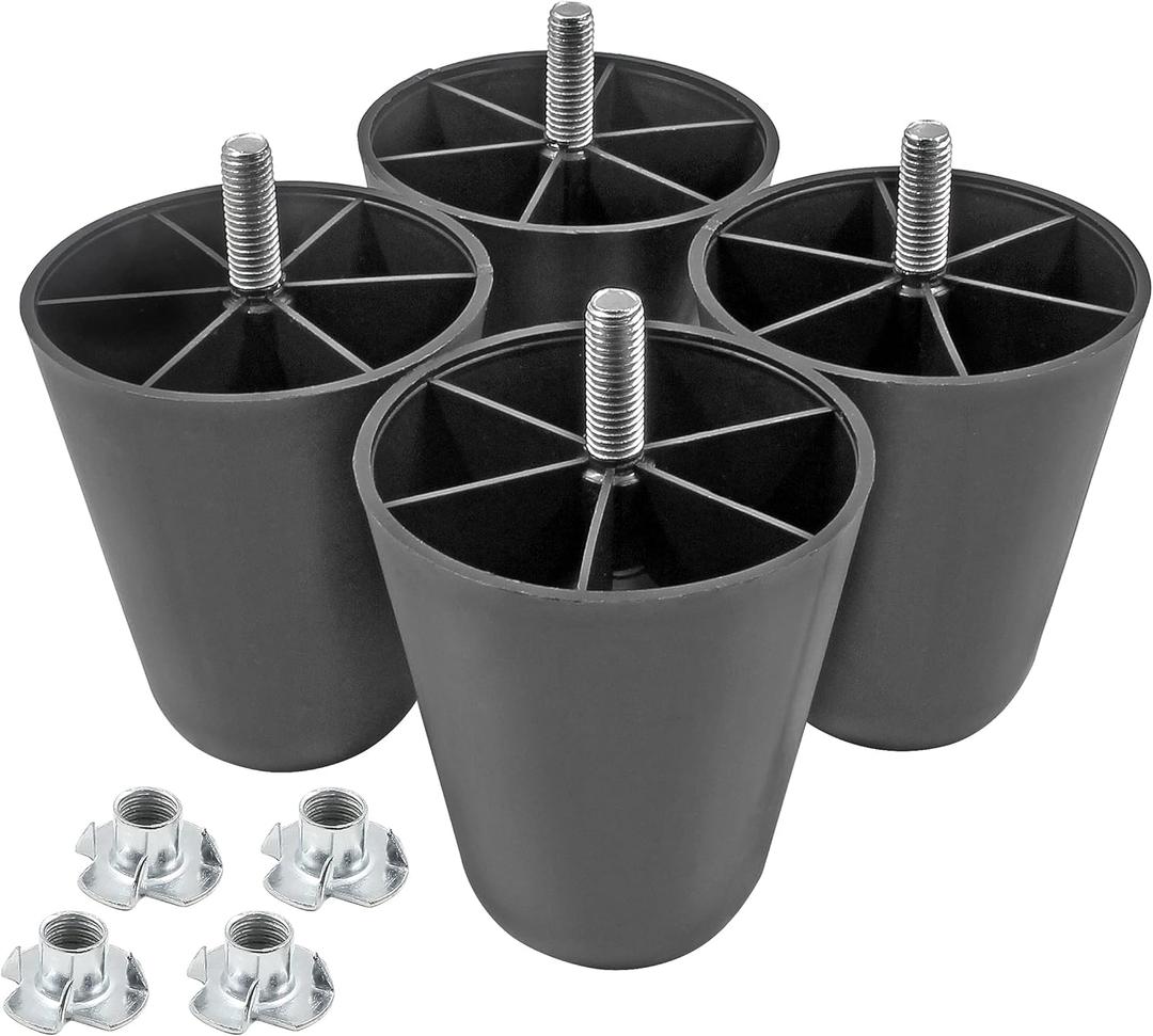 4Pcs Black Sofa Legs, 4 Inch Tapered Furniture Legs Plastic Couch Feet with M10 Hanger Bolts for Sofa Dresser Cabinet Chair Bed Coffee Table, 3.5" / 90mm of Top Width (Conical Type)