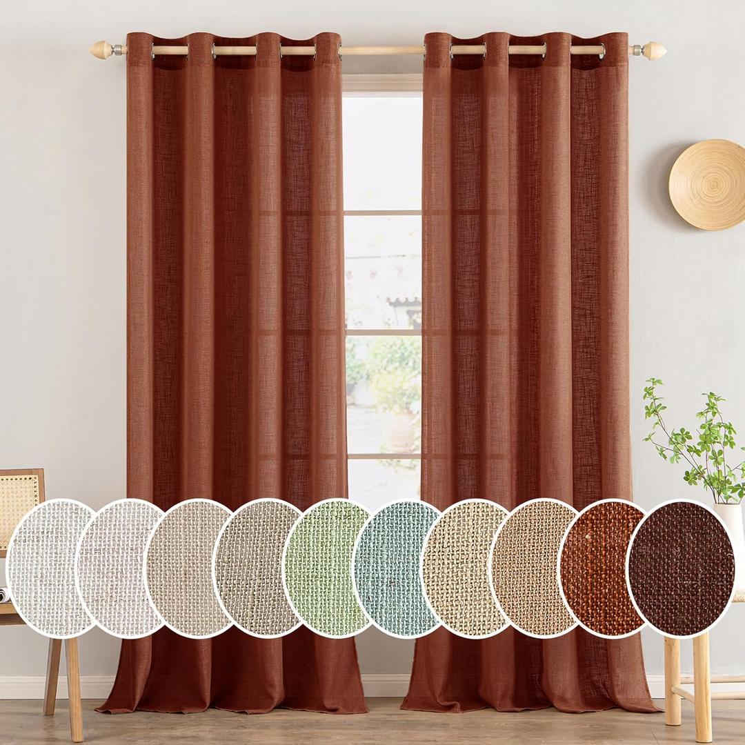 MIULEE Terracotta Linen Curtains 96 Inches Long 2 Panels for Bedroom Living Room, Soft Thick Linen Textured Window Drapes Burnt Orange Rust Fall Boho Decor Semi Sheer Light Filtering Grommet Curtains