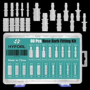 60Pcs Hose Barb Fittings Assortment - 18 Sizes Plastic Pipe Connectors with Straight Union & Reducer ，Universal for Aquarium, Water, Fuel, Air Line Repair