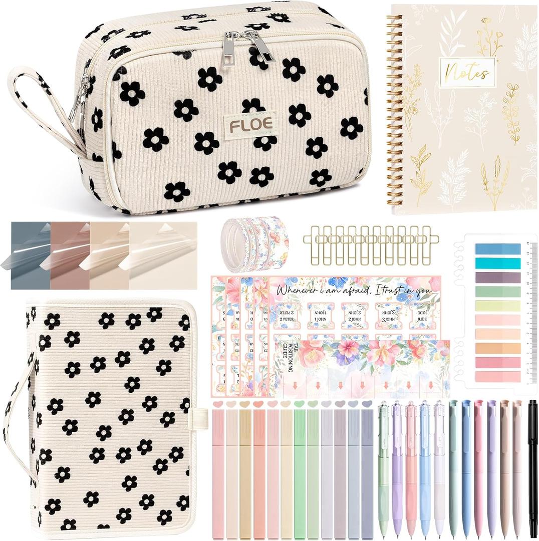 Bible Study Supplies Journaling Kit for Women with Bible Cover Case, Valentines Day Christian Gifts for Women, Bible Study Tools Accessories Set w/Highlighter Pen, Pencil Case Notebook Annotation Kit (Black Floral)