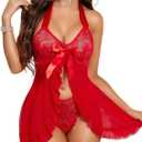 RSLOVE Lingerie for Women Lace Babydoll - Sexy Lingerie Open Front Sleepwear Halter Nightwear Ruffle Trim Chemise (Red, S)