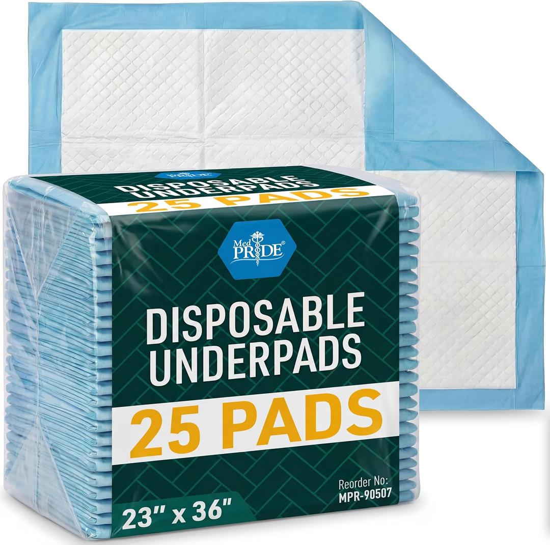 MED PRIDE Disposable Underpads 23'' X 36'' (25-Count) Incontinence Pads, Chux, Bed Covers, Puppy Training | Thick, Super Absorbent Protection for Kids, Adults, Elderly | Liquid, Urine, Accidents