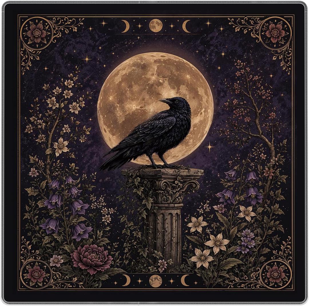 Boho Dark Gothic Raven Moon Floral Mahjong Mat 31.5"x31.5"