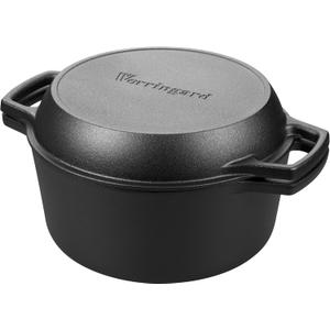 Pre-seasoned Cast Iron Double Dutch Oven Pot with Skillet Lid, Dual-handle, for Bread Baking, Outdoor, Campfire Cooking, 5 Quart
