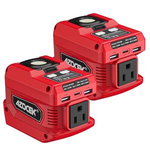 220W Azocek Power Inverter Compatible with Milwau-kee 18V Battery, DC 18V to AC 110V Portable Power Station with 1 AC Outlet, 2 USB Ports & 1 Type-C Fast Charging, 400LM LED Work Light (2-Pack) Red