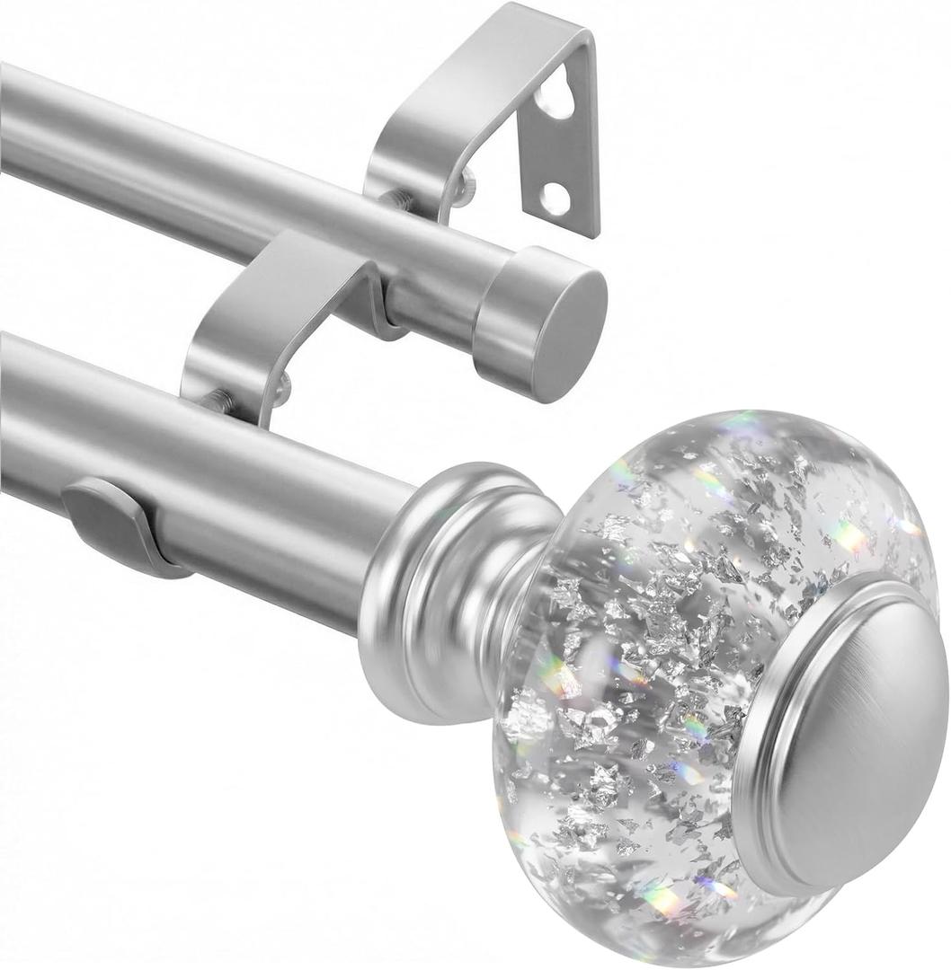 Silver Double Curtain Rod For Windows 66 to 120 Inches, 1 Inch Diameter Heavy-Duty Adjustable Dual Curtain Rod with Decorative Silver Foil Finials, Double Curtain Rod for Bedroom and Living Room