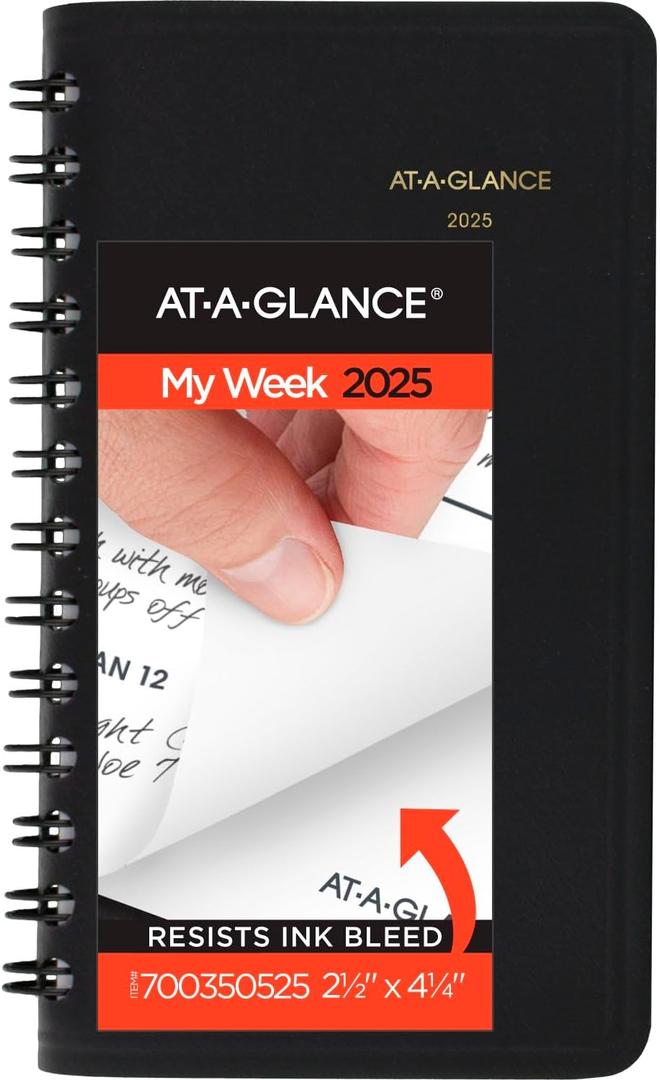 AT-A-GLANCE 2025 Planner, Weekly, 2-1/2" x 4-1/2", Pocket Size, Black (700350525)
