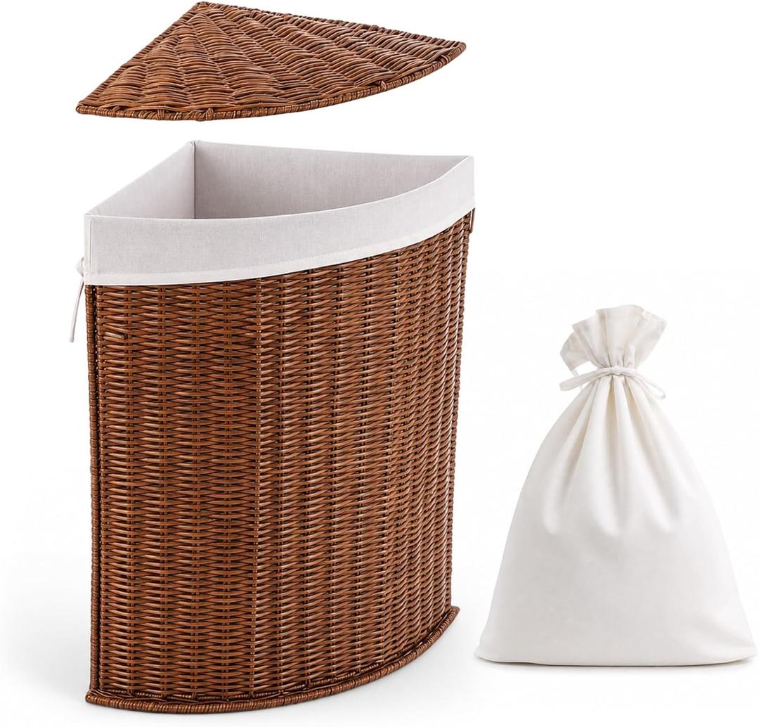 Corner Wicker Laundry Hamper with Lid and Removable Liner Corner Wicker Laundry Basket Washing Clothes Basket Storage Bin for Bedroom Bathroom, 14 x 14 x 24.5 inches