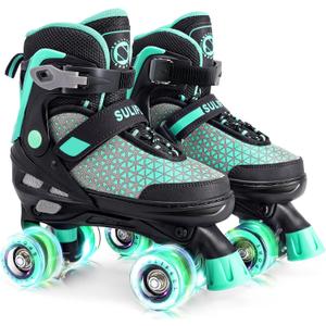 SULIFEEL Roller Skates for Girls Boys Kids,4 Sizes Adjustable Quad Skates with Light up Wheels,Safe Fun Children Skates, Best Gift for Beginners Indoor Outdoor Sports (Medium - Big Kid, Mint Green)