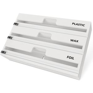 SpaceAid WrapNeat 3 in 1 Wrap Organizer with Cutter and Labels, Plastic Wrap, Aluminum Foil and Wax Bamboo Dispenser for Kitchen Storage Organization Holder for 12" Roll (White)