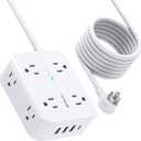 Surge Protector Power Strip 10ft Cord - Flat Plug, Wall Mount, 8 Wide Outlets with 4 USB Ports (1 USB C), Heavy Duty Extension Cord, Charging Station Overload Protection for Home, Office and Dorm (White)