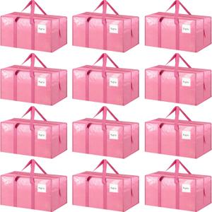 12 Pack Extra Heavy Duty Large Moving Bags with Strong Zipper & Comfortable Handles, Sturdy & Durable Clothes Storage Bags Totes Bins, Packing Moving Boxes for College Supplies, Pink