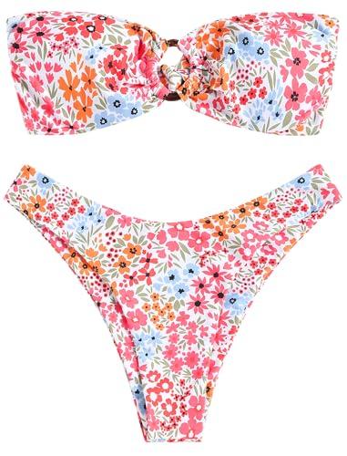 ZAFUL Women's Bandeau Bikini O Ring Strapless Tie Back High Cut Two Piece Swimsuit Bathing Suits (5-Floral Pink, S)