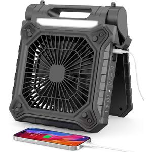 10 inch Solar Fan for Camping - Portable Rechargeable Fan with Adjustable Solar Panel, 3 Powerful Speed & Timer, Battery Operated with LED Light for Outdoor Travel Tent RV Hurricane (Black)