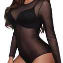Buauty Long Sleeve Mesh Bodysuit for Women, Sheer Mesh Top Round Neck See Through Leotard Jumpsuit Snap Crotch Clubwear (X-Large, Black)