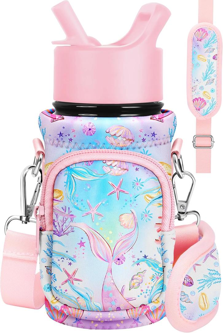 Water Bottle Carrier with Strap - Insulated Kids Water Bottle Holder for Boys Girls Bottle Bag for 10-18Oz (Pink Fishtail)