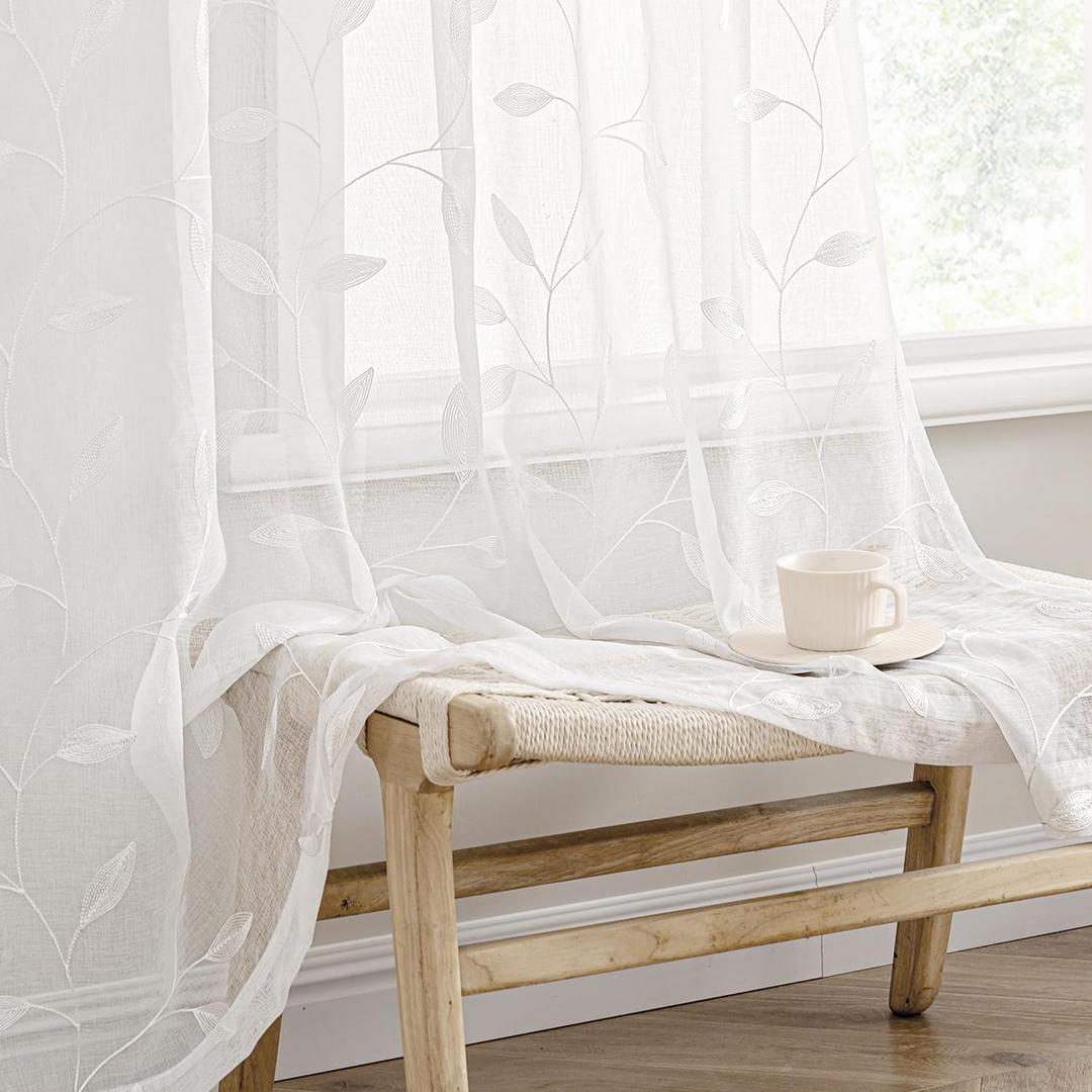 MIULEE White Sheer Curtains 2 Panels Embroidered Leaf Patterned Rod Pocket Floral Semi Sheer Faux Linen Window Curtains Drapes Set for Living Room Bedroom Dining Room, 52x84 Inches Long