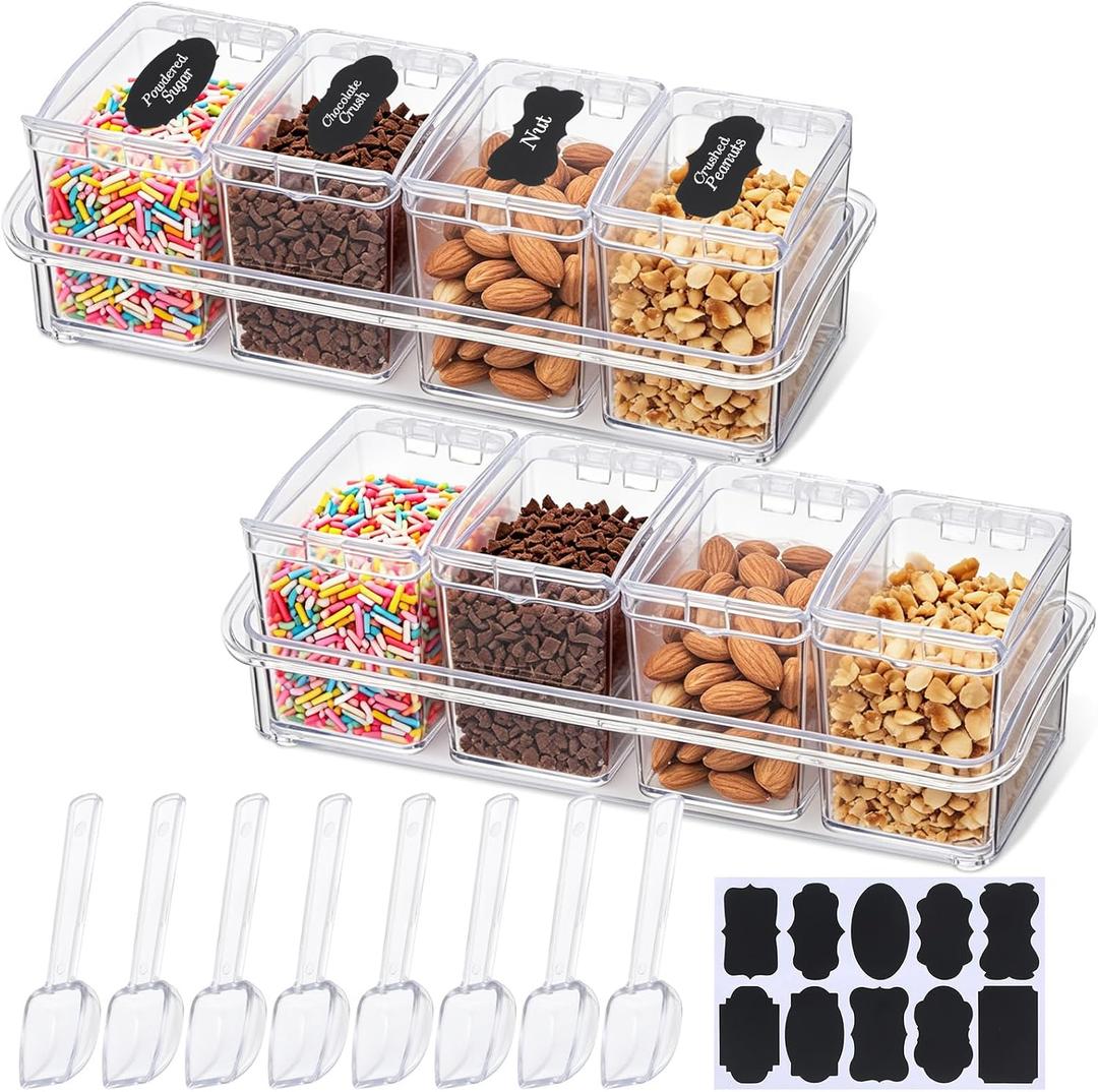8 Pcs Ice Cream Bar Supplies, Ice Cream Toppings Bar Kit 8-cell Clear Acrylic Seasoning Spice Box with Cover Spoon and Tag, Dipping Container for Countertop, Ice Cream Sundae Toppings