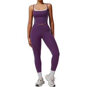 Womens Workout Sets Two Piece Spaghetti Straps Tank Top Matching High Waist Leggings Gym Work Out Outfits with Pockets (Small, Purple)