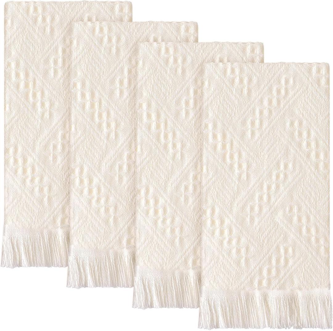 4 Pack Boho Bathroom Hand Towel 14 x 30 Inch 100% Turkish Cotton Decorative Boho Kitchen Hand Towel Farmhouse Bathroom Decor Set Absorbent Soft Guest Tea Gift(Cream White)