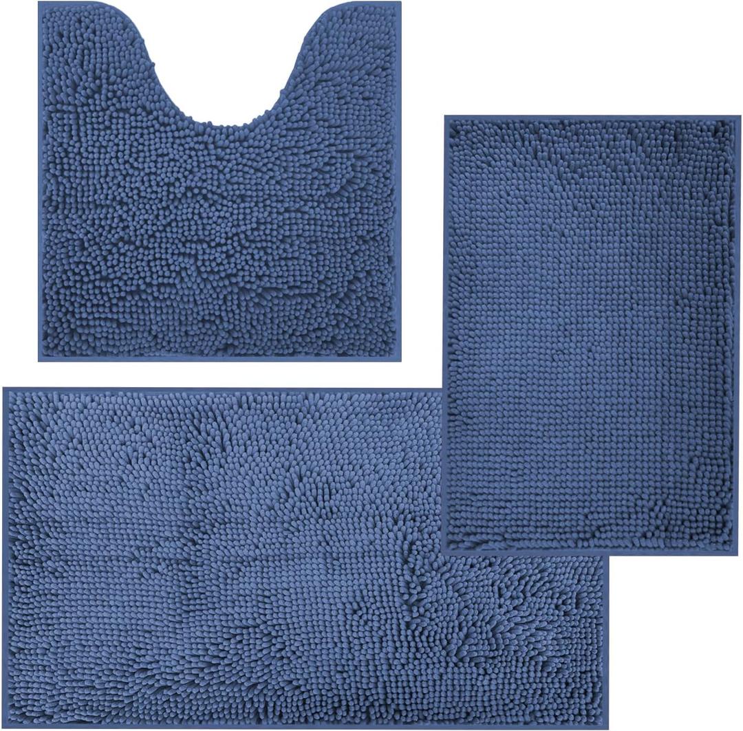 3 Pieces Bathroom Rugs, Non Slip Chenille Toilet Mat, Absorbent Shaggy Bath Mats, Machine Wash Bathroom Mats, Strong PVC Non-Slip Underside, Plush Carpet Mats for Bathroom, Tub, Showerc,Light Blue (16"x24"+20"x32"+U Shape 20"x20")