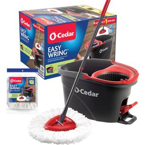 O-Cedar Easywring Microfiber Spin Mop & Bucket Floor Cleaning System with 1 Extra Refill, Red / Gray