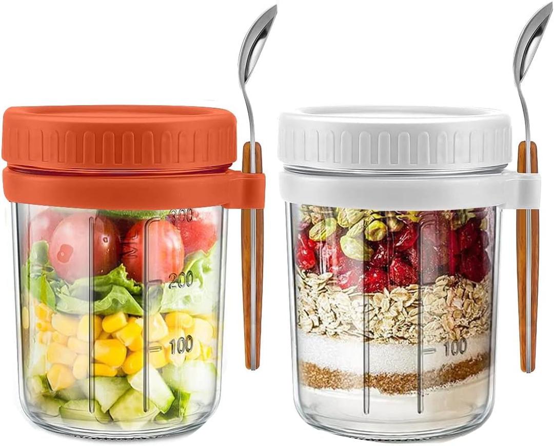 Overnight Oats Container - Yogurt Oatmeal Glass Canning with Lids and Spoon, 10 oz Cereals, Milk, Fruit Salad, with Measurement Marks (Orange) Overnight Oats Container - Yogurt Oatmeal Glass Canning with Lids and Spoon, 10 oz Cereals, Milk, Fruit Salad, with Measurement Marks (Orange)