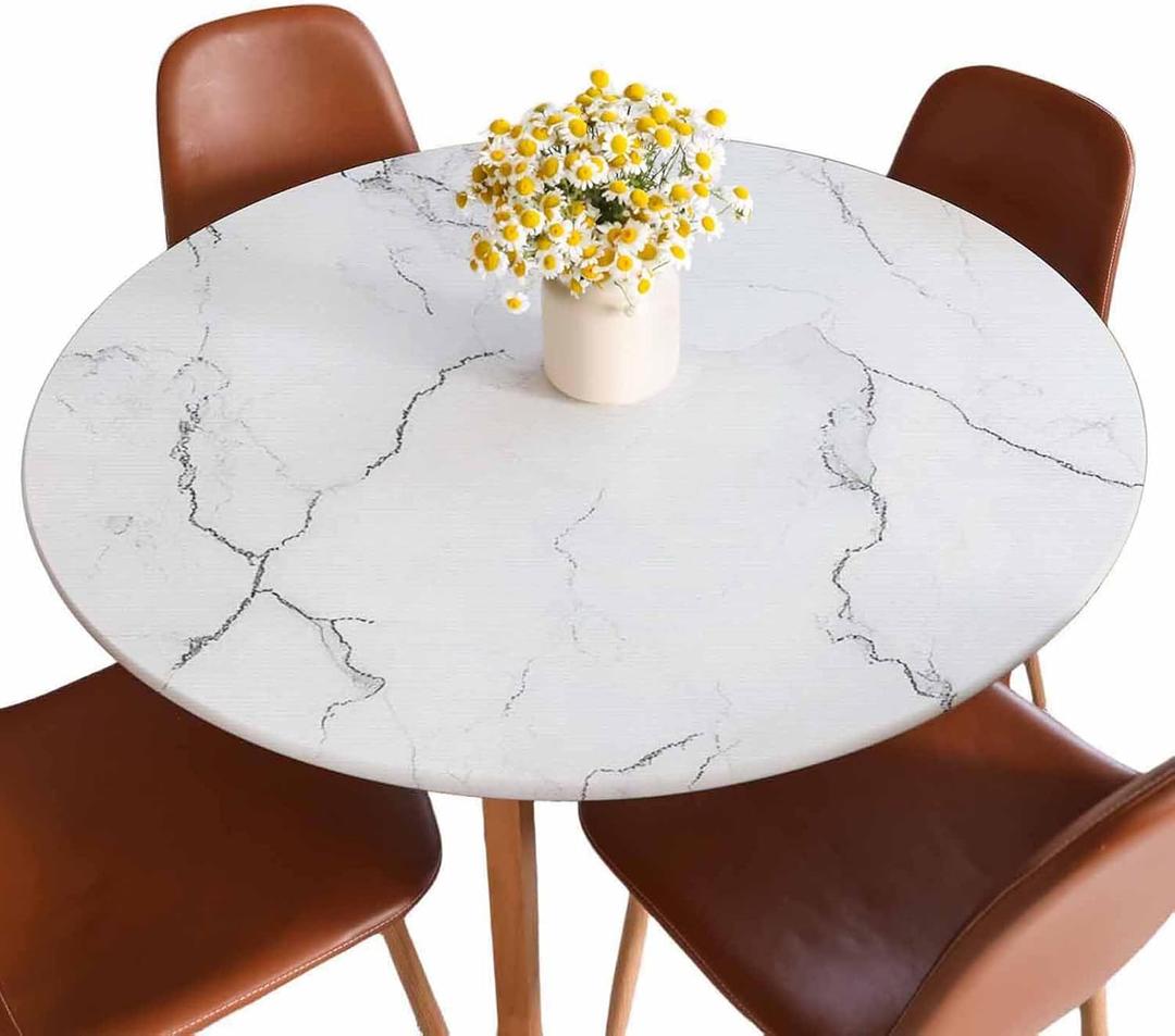 White Marble Round Fitted Tablecloth Stone Texture Washable Table Cover for Kitchen Dining Party 40-44 inch
