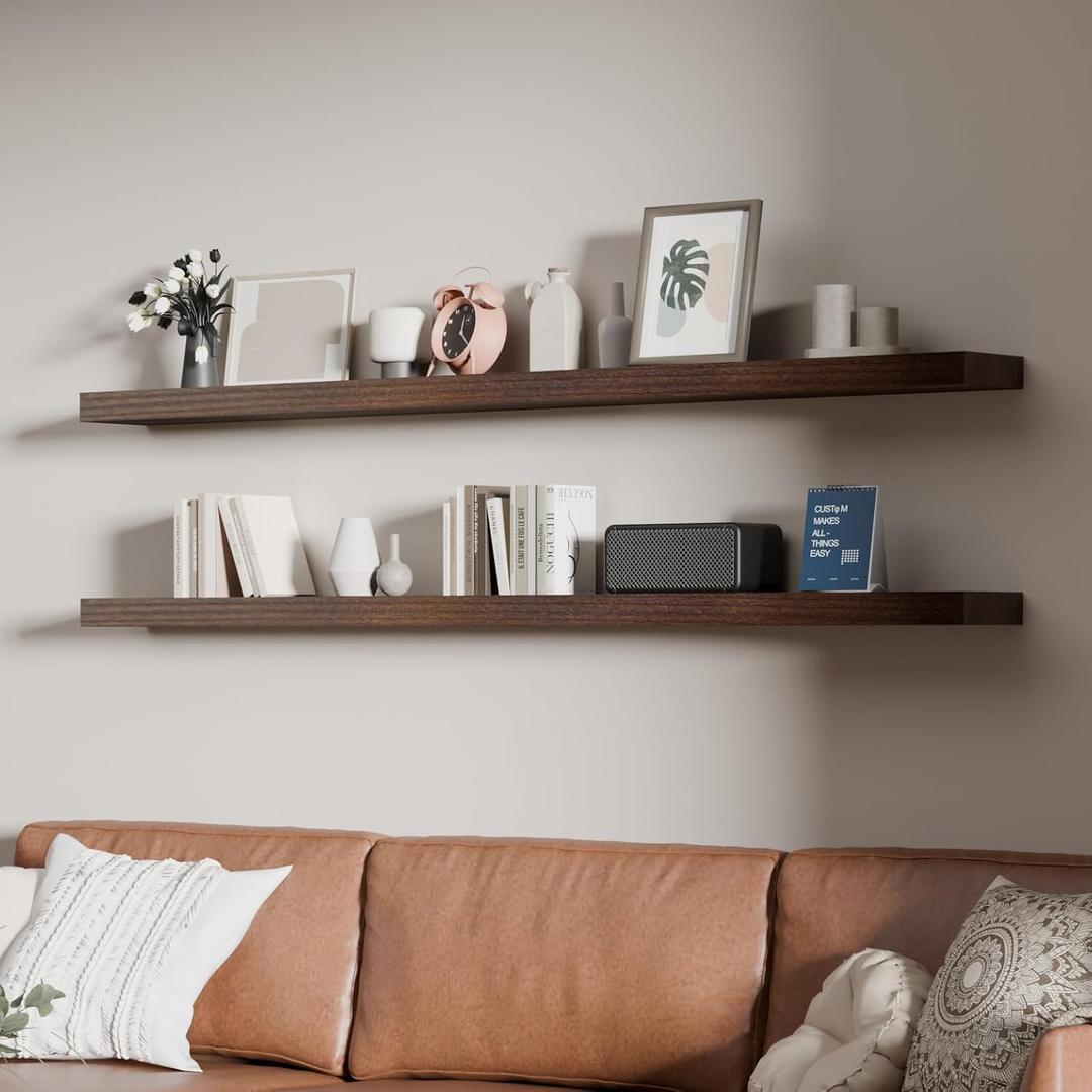 60 inch Long Floating Shelves for Wall,Solid Wood Long Shelves Set of 2,Walnut Rustic Mounted Shelves for Bathroom Bedroom Laundry Room (Walnut, 60 Inch)
