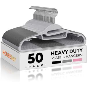 HOUSE DAY Grey Plastic Hangers 50 Pack, Slim Space Saving, Non Slip Hangers with Rubber Pads, Sturdy Heavy Duty Coat Hanger for Closet, S-Shaped Clothes Hanger for Shirt, Suit, Pant, Skirt (Light Grey + Dark Grey)
