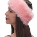 Womens Faux Fur Headband with Elastic Band Ear Warmer Earmuff for Cold Weather Furry Costume (Pink)