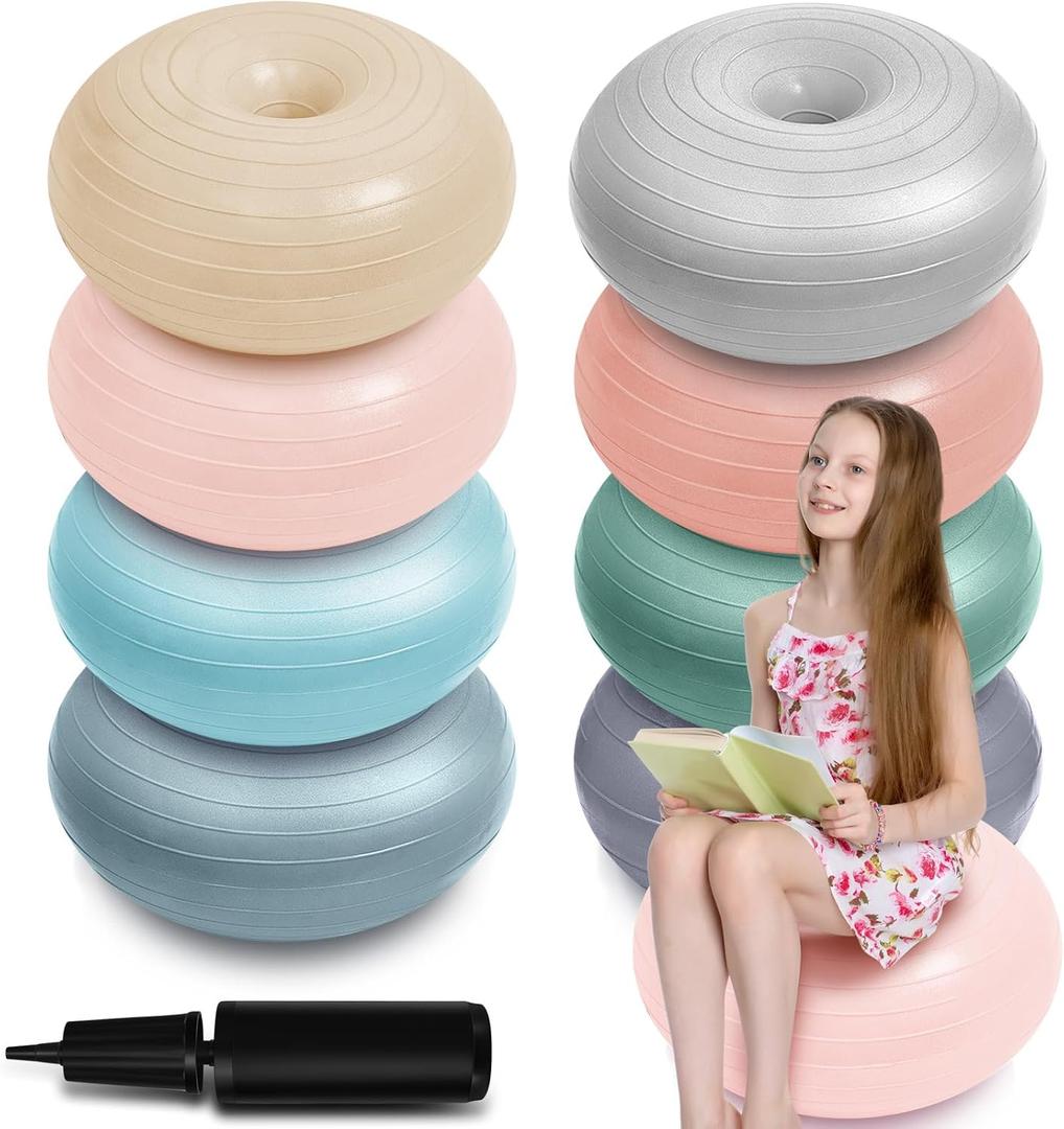 Lewtemi 8 Pcs Flexible Seating for Classroom Elementary 20'' Yoga Ball Chair Large Inflatable Donut Exercise Ball Chair Wobble Seat with Inflator for Kids Student Sensory Balance (Morandi Color)