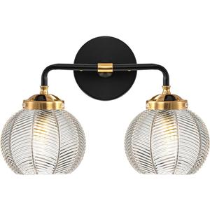 2 Light Bathroom Vanity Light Clear Glass Globe Wall Sconce Lights Black Wall Mount Light with Ribbed Glass Shade, Mid Century Modern Wall Sconce for Over Mirror Bedroom Hallway
