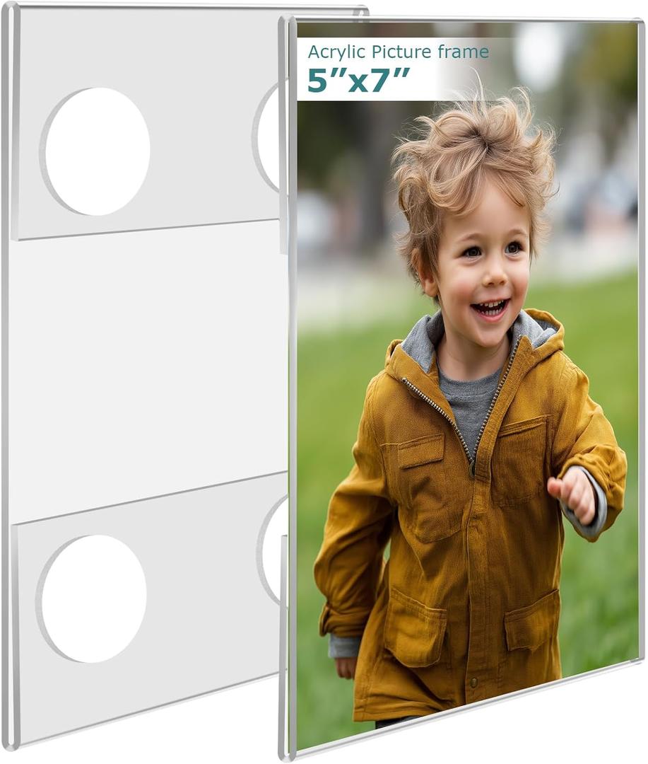 Bluesun 5x7 Picture Frame Stick Wall set of 2 pack Acrylic Photo Frames - Hanging Frameless 5 x7 Picture Frames Vertical, Clear Picture Frame Various Decorative Styles