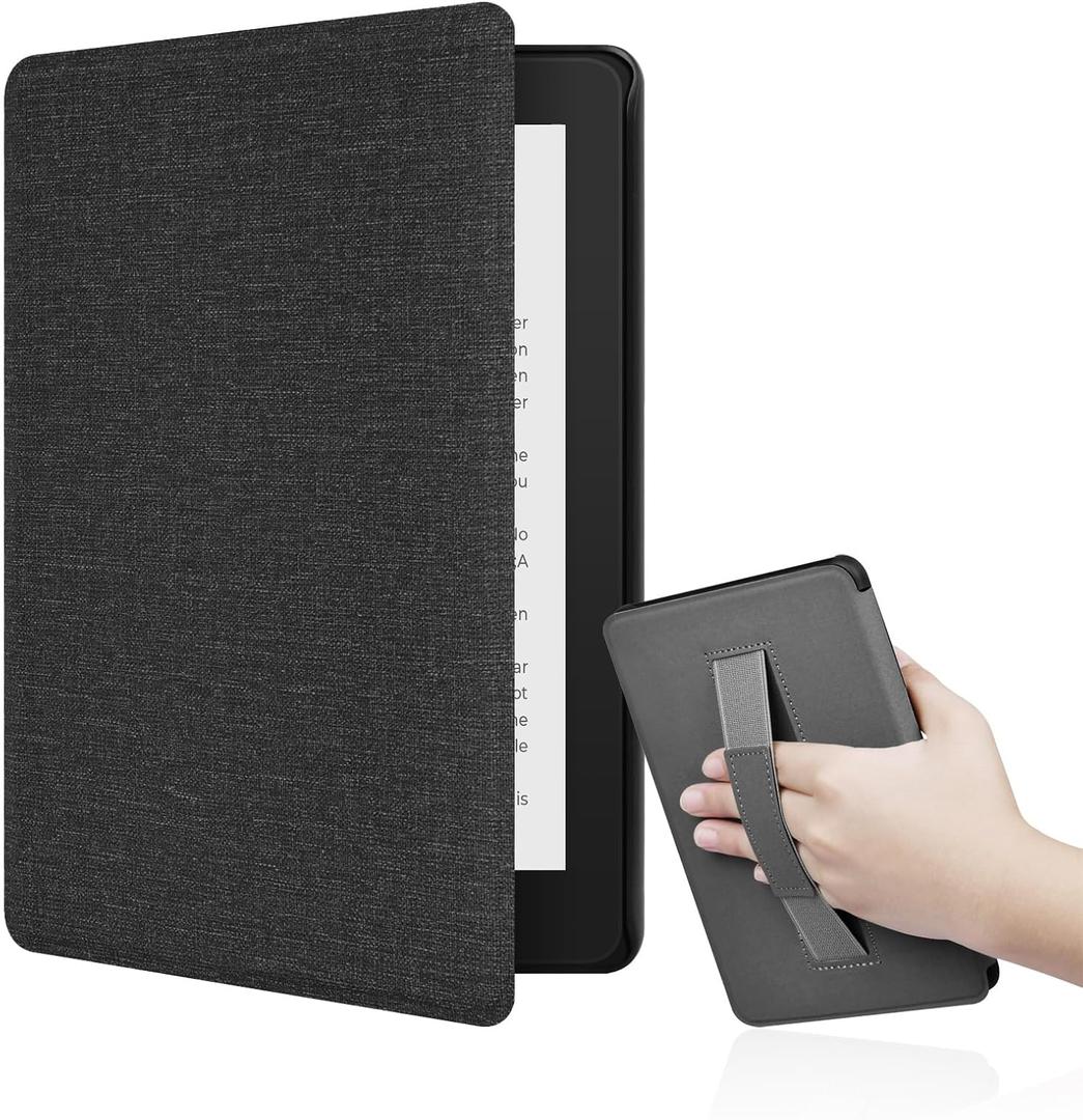 Case for 6.8" Kindle Paperwhite(11th Generation-2021) and Kindle Paperwhite Signature Edition with Hand Strap - Durable PU Leather Cover Case with Auto Sleep Wake, Black
