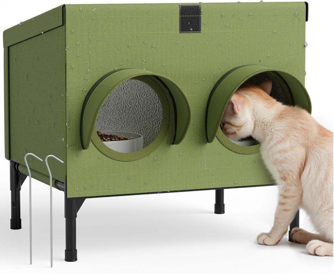 Outdoor Cat Feeding Station  Waterproof Dining Shelter for Feral & Community Cats, Insulated Roof & Walls, Dual-Feed Hole Design, Connects to Cat House  Green, 16"12"15.5"