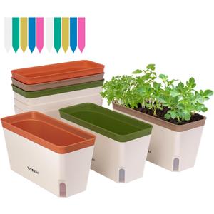 VIVOSUN Self-Watering Planters, 6-Pack 10.5 Inch Compact Rectangular Window Herb Planter Box with 10 PCS Plant Labels, Plant Container for Basil, Flowers, Succulents, Indoor & Outdoor