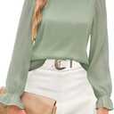 Aifer Womens Blouses Trendy Dressy Casual Tops Elegant Puff Long Sleeve Shirts Ruffle Mock Neck Plain Chiffon Outfits (XX-Large, Sage Green)