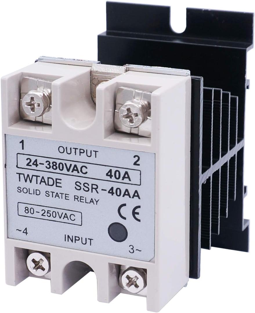 TWTADE SSR-40 AA 40A AC 80-250V to AC 24V-380V SSR Solid State Relay + Heat Sink