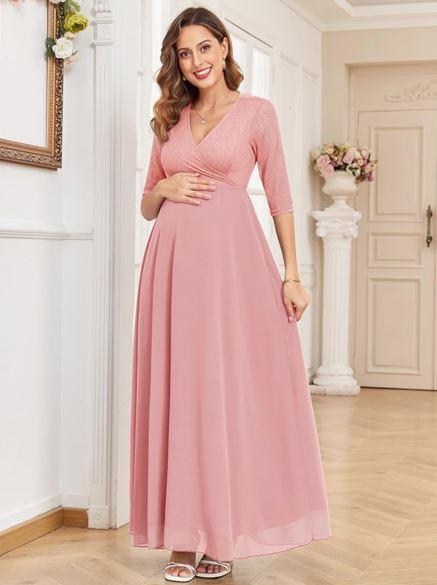 3/4 Sleeve Maternity Dress Leaf Lace Contrast Chiffon V Neck Wrap A Line Flowy Pregnancy Dresses for Baby Shower, M