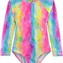 Big Girls Swimsuits One Pieces Long Sleeve Swimwear UPF50+ Kids Zipper Sun Protection Bathing Suits Rainbow 10T (4XL)