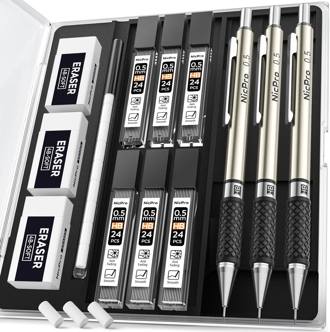 Nicpro RG1000 0.5 mm Art Mechanical Pencil Set in Storage Case, 3 PCS Metal Drafting Pencil Lead Pencil with 6 Tube HB Refills, 3 Erasers, 9 PCS Eraser Refills for Artist Writing, Drawing, Sketching (3 Pack)