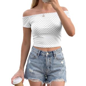 FOMELY Polka Dot Top Off The Shoulder Short Crop Shirts Going Out Blouse (L)
