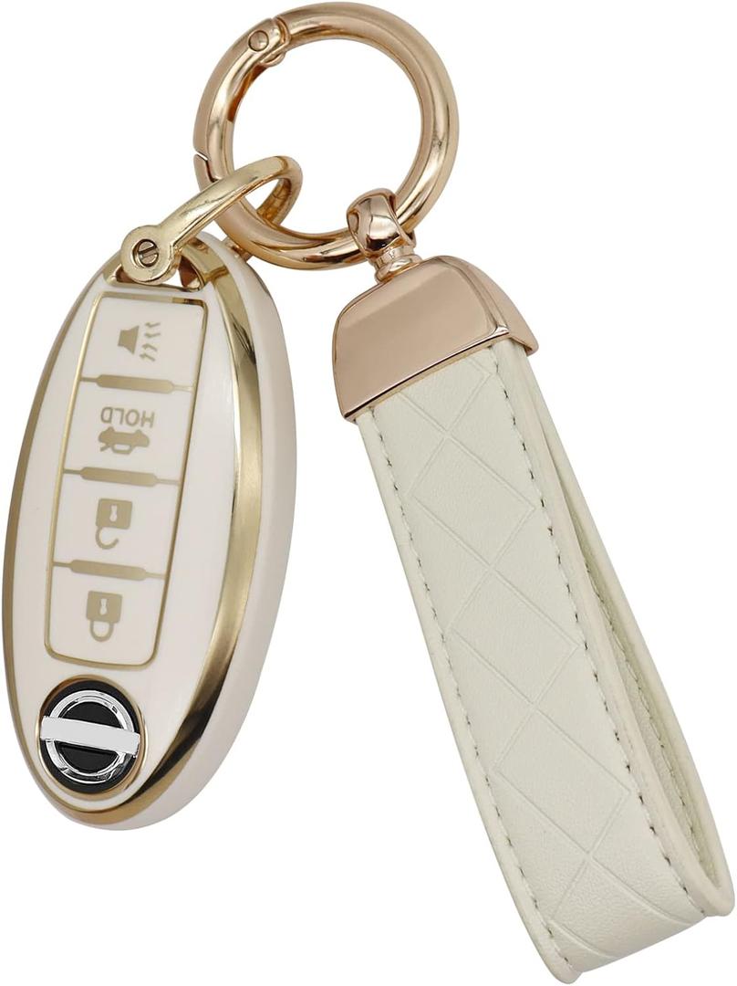 SUNCARACCL for Nissan Key Fob Cover with Leather Keychain, Soft TPU Full Protection Key Case Shell for Nissan Altima Maxima Rogue Armada Pathfinder Smart Key 4 Buttons (White)