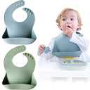 Moonkie Silicone Baby Bibs Set of 2, BPA Free Waterproof Baby Bibs for Eating, Soft Adjustable Silicone Bibs for Babies 6-12 Months, Toddler Bibs with Large Pocket Food Catcher (Ether/ Sage)