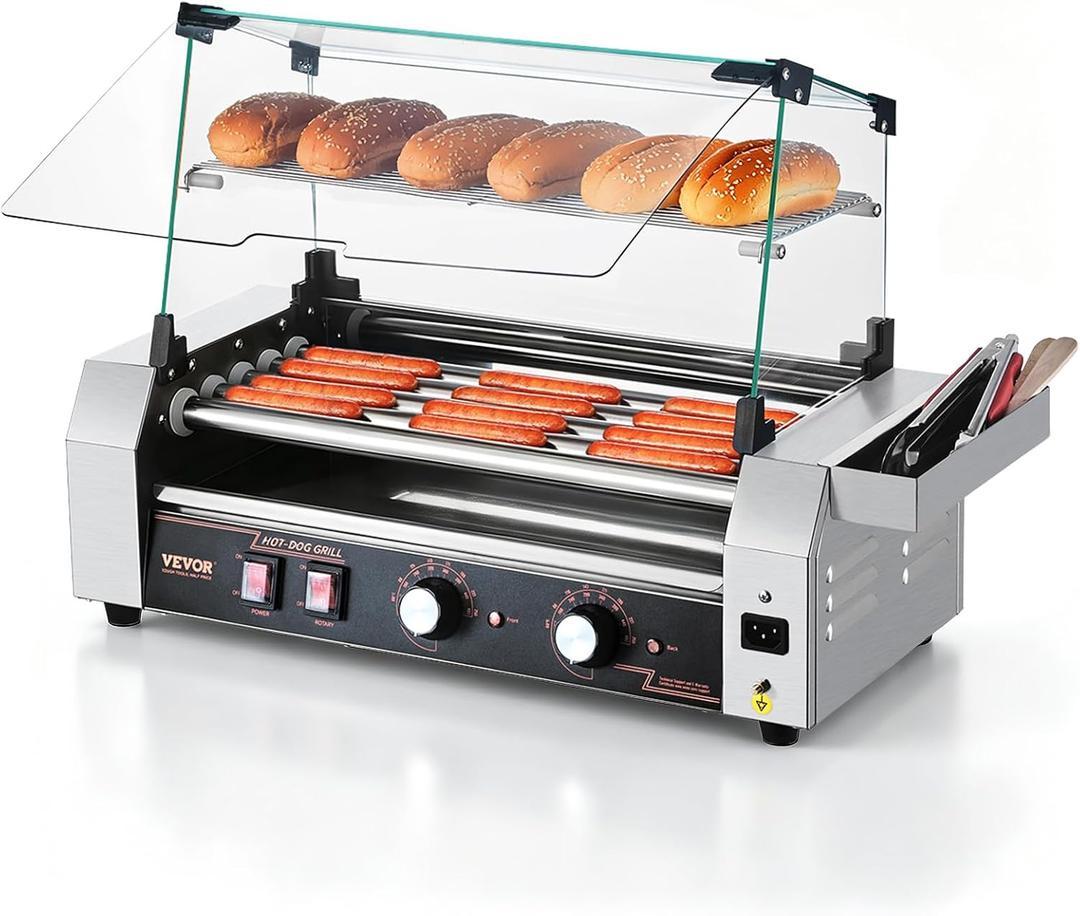 VEVOR Hot Dog Roller, 12 Hot Dog 5 Rollers, Stainless Steel Sausage Grill Cooker, 750W Commercial Hot Dog Machine with Dual Temp Control, Cover, Side Storage Box, Removable Shelf & Oil Drip Tray