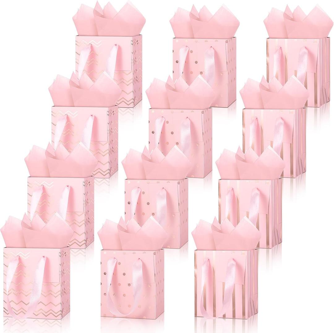 Tenare 12 Pcs Small Gift Bags Mini Metallic Paper Bag Bulk Tiny with Handle Tissue Paper for 4th of July Birthday Wedding Baby Shower Thank Party Favor Supply(4 x 2.75 x 4.5 Inch,Pink Rose Gold)