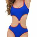 Cromi Women Side Cutouts O-Ring Linked One Piece Swimsuit Blue and Orange S (S)