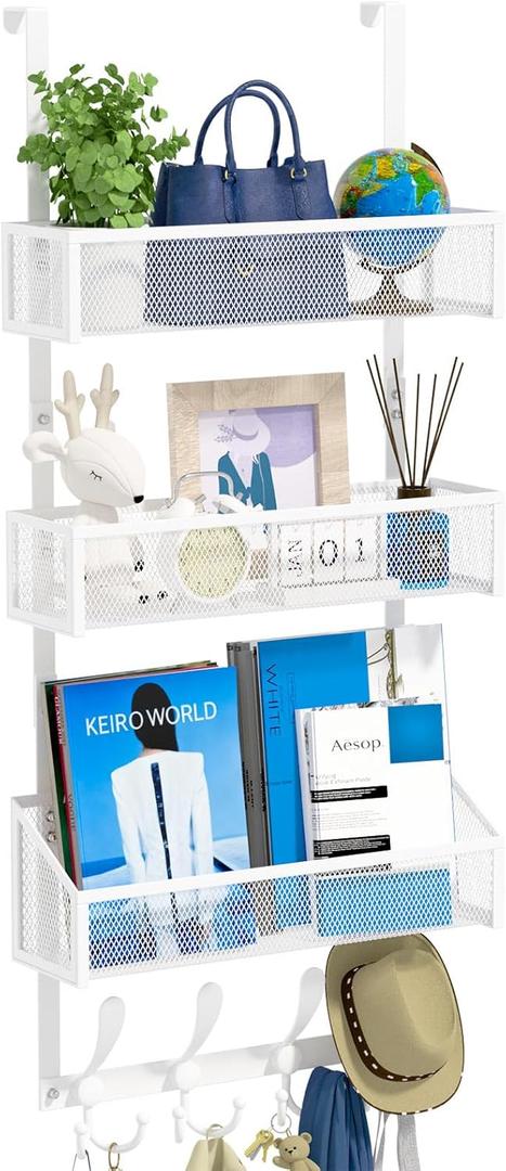 Kaiferty Over The Door Hooks Organizer, Coat Rack Over The Door Storage Hanger Towel Rack, Back of Door Storage Organizer for Bathroom,Bedroom,Kitchen,Office (White, 4-Tier)