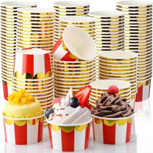 100 Pcs 9 oz Circus Carnival Party Cups Red Stripe Paper Ice Cream Cups for Christmas Circus Carnival Party, Disposable Dessert Bowls Sundae Yogurt Bowls for Hot or Cold Food Snack Treat